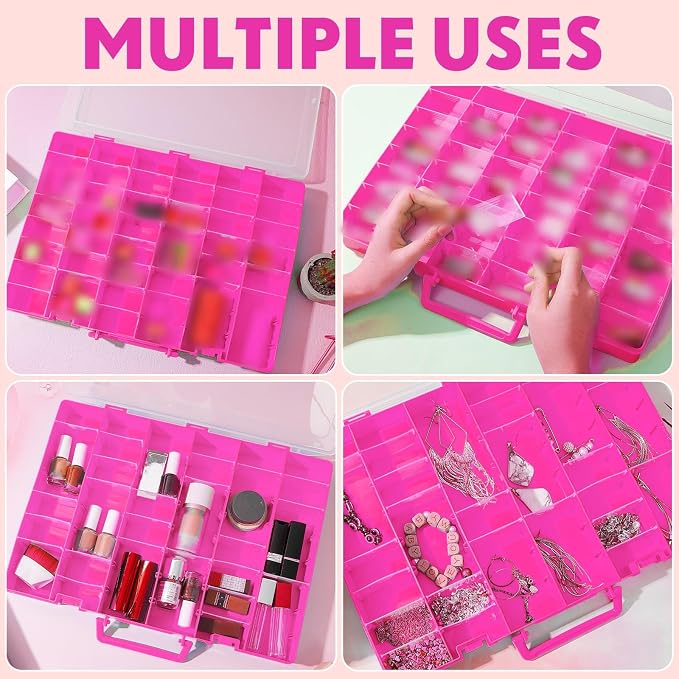 Juexica 2 Pcs Large 48 Grids Plastic Storage Bead Organizer Box, Tackle Box, Compartment Organizer Container with Adjustable Dividers for Jewelry Art Crafts Toys Screw Small Parts(Pink)