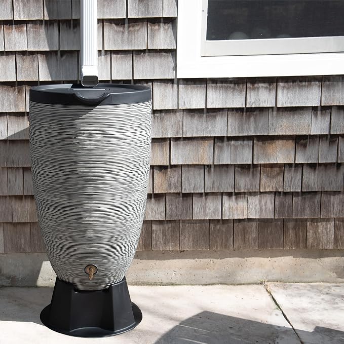 Newport 50‑Gallon Flat‑Back Rain Barrel with Stand & Planter Bundle – Slate | Removable Lid, UV-Stabilized Outdoor Water Storage