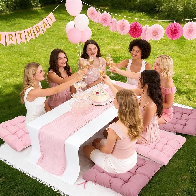 90 x 70.8 Extra Large Outdoor Boho Picnic Blanket with Pink Table Runner and 6 Throw Floor Pillow Cushion Woven Cotton Yarn Beach Blanket for Picnic Wedding Birthday Baby Shower Backyard Decor
