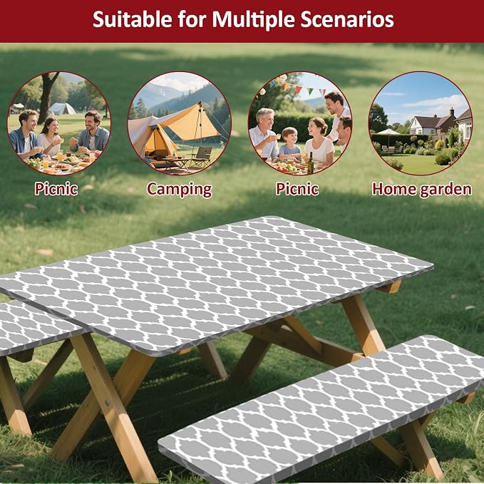 7ft Picnic Table and Bench Cover, Camping Essentials RV Gear, 84 in Waterproof Windproof Outdoor Elastic All Around Tablecloth, Fitted Rectangle Tables and Seats, Gray-White Moroccan