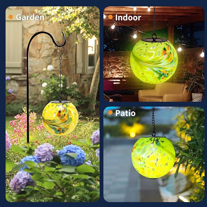 VCUTEKA Glass Solar Lanterns Outdoor Yellow Hanging Solar Light for Outside | Solar Lanterns Outdoor Waterproof with Hook, Energy-Efficient LED White Glass Gazing Ball Lights for Garden, Yard Decor