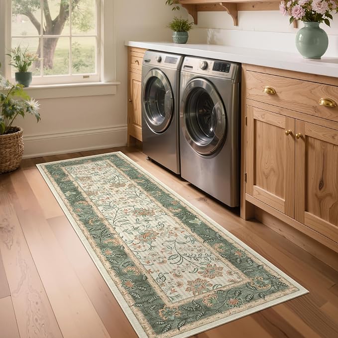 GarveeHome 2x6 Washable Runner Rug Sage Green Non Slip Kitchen Runner | Hallway Soft Botanical Floral Farmhouse Laundry Mat Stain Resistant Carpet for Bedroom Bathroom Bedside Rug