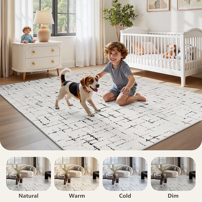 Engiw-Neutral 5x7 Area Rug for Living Room Rug-Carpet Bedroom Rugs Textured Tufted Jacquard Modern Washable Rug for Dining Room Nursery Non Slip-Black and White