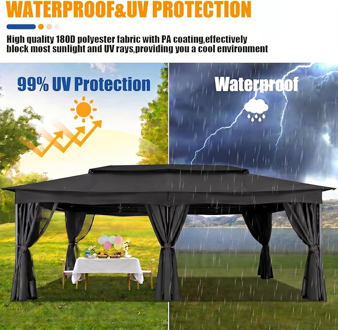 COBIZI Gazebo 12x20 FT Outdoor Gazebo on Clearance with Double Ventilated Arc Roof, Privacy Curtains & Mosquito Netting, Easy Set up Canopy Tent with Stable Metal Frame for Patio Black