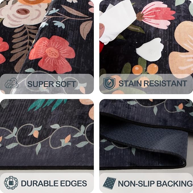Washable 2' x 6' Runners for Hallways, Non Slip Long Floor Runner for Kitchen, Entryway Indoor, Stain Resistant Rubber Backing Floral Decor Rug (Black)