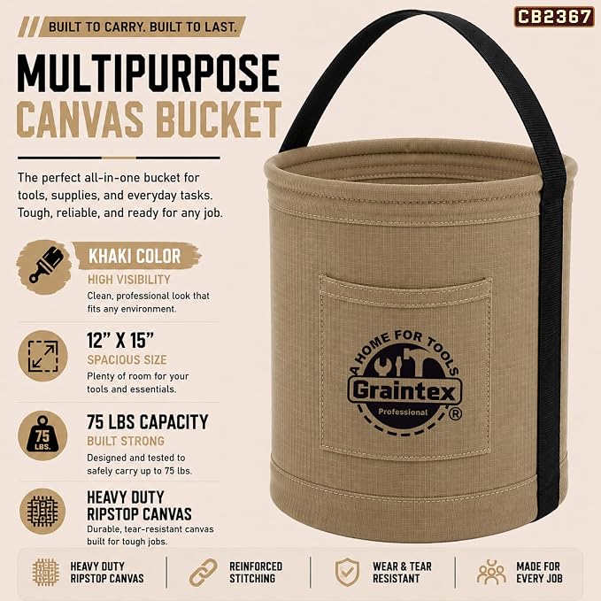 Graintex Canvas Utility Bucket 12"x15", Round Tool Bucket, Reinforced Base & Carry Handle, Ripstop Canvas, Multi-Purpose Bag for Jobsite, Gardening, Home Use, Ideal for Tool Storage Solutions
