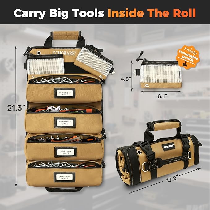 COMOWARE Roll Up Tool Bag, Gift for Dad, 600D Oxford PVC Coated Tool Organizer with 11 Pouches, 5 Exterior Wrench Pockets & Adjustable 51.2" Shoulder Strap for Mechanics, Plumbers, Camping, Motorcycle