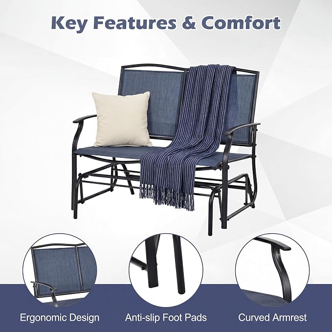 Tangkula 2-Person Patio Swing Glider Bench, Outdoor Rocker Glider Loveseat Chair W/Heavy-Duty Steel Frame, Breathable Seat Fabric, Rocking Lounge Chair for Poolside, Garden, Backyard (Dark Blue)