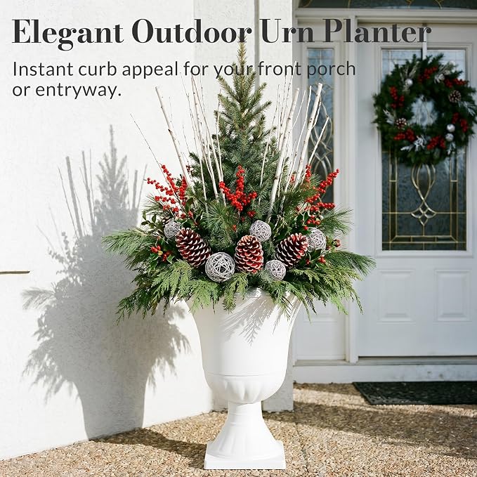 Worth Garden 2-Pack Urn Plastic Planters - 15.5" x 22" Tall Round Classic Flower Pots Pure White Traditional Large Roman Plant Pots for Front Porch Patio Deck Wedding Decoration Pot - Indoor & Outdoor