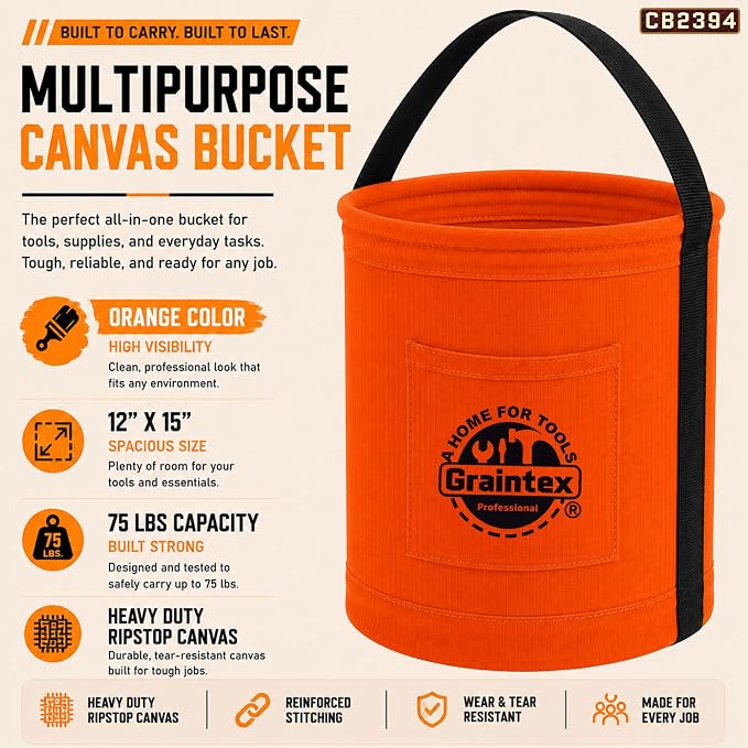 Graintex Canvas Utility Bucket 12"x15", Round Tool Bucket, Reinforced Base & Carry Handle, Ripstop Canvas, Multi-Purpose Bag for Jobsite, Gardening, Home Use, Ideal for Tool Storage Solutions