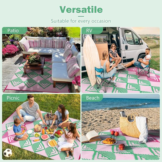 Lahome Waterproof Outdoor Patio Rug 9x12, Reversible Large Outdoor Rug for Patios, Camping Rugs for RV Backyard Deck Picnic Beach Trailer (Pink/Green, 9' x 12')