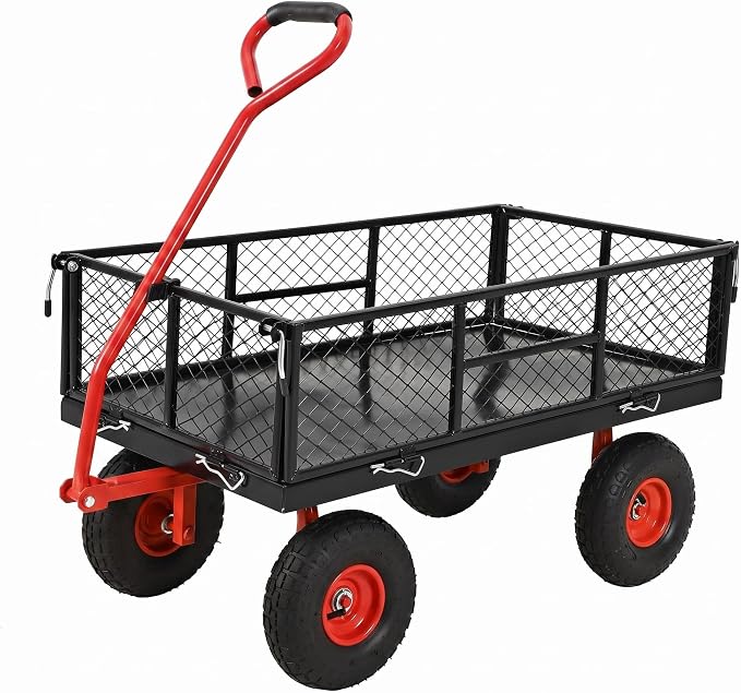 Garvee 900 LB Garden Cart, Heavy Duty Metal Utility Garden Wagon Cart. Red | 13 in All Terrain Tires, 4-in-1 Yard Wagon Cart with Removable Side Panels for Outdoor Lawn, Yard, Backyard