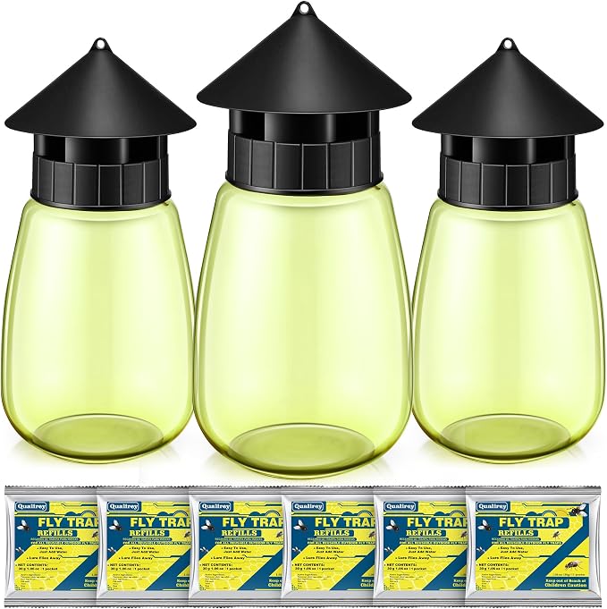 Qualirey Reusable Outdoor Hanging Fly Trap Bottles with Bait Refill, Non Toxic Flies Trap Jar, Fly Catcher Killer Flying Control for Outside Farms, Stables, Barns, Garden, Patio (3 Pack,Design)