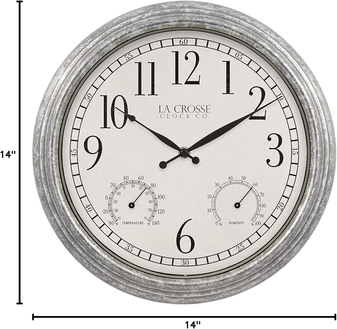La Crosse Clock 433-3236 14-inch Silas Indoor/Outdoor Galvanized Analog Quartz Wall Clock