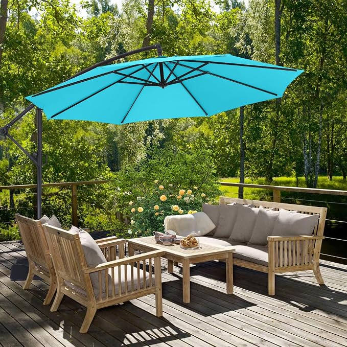 ABCCANOPY 10FT Cantilever Patio Umbrella with base included, 360° Rotation Outdoor Offset Umbrella Bonus Fix Frame & Weights Bag for Backyard, Deck, Poolside (Turquoise)