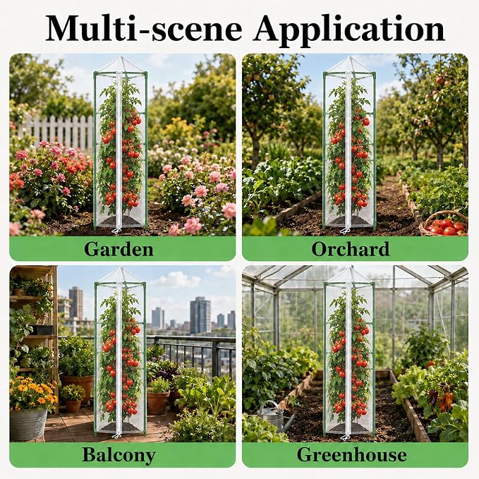 Halatool Garden Tomato Plant Cover Netting, Fits 55ā72" Tall Tomato Cages, Garden Bird Netting with Zipper & Drawstring, Insect Barrier, Plant Covers from Insects Animals, 2 Pack, 61"Ć15.7"