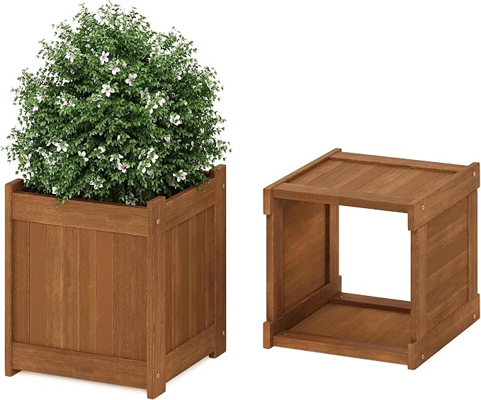Furinno TIOMAN Planter Box with Bench, Hardwood Flower Box with Seat, Cube Garden Box, in Teak Oil, Outdoor Indoor, Garden, Patio, Balcony, Light Wood