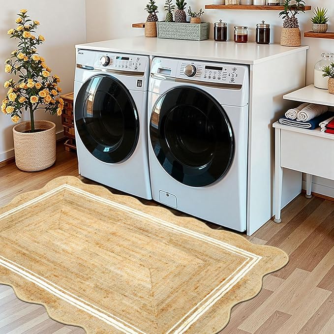 3x5 Entryway Rug - Small Washable Front Door Mat Outside Entrance | Non-Slip Indoor Outdoor Mats for Front Door Jute-Look Neutral Porch Rug Scalloped Rugs for Entryway Kitchen Mudroom Decor