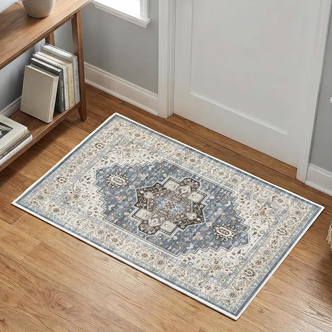 2x3 Area Rug Washable Vintage: Non Slip Throw Rugs for Entryway | Indoor Door Mat for Kitchen Soft Low Pile Thin Small Carpet for Hallway Bedroom Dining Room Home Office Decor