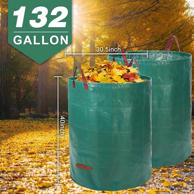 132 Gallon 3 Pack Reusable Lawn Bags for Yard & Garden | Heavy duty, Standable leaf bags, With 4 handles, Includes gloves, Ideal for leaves, Grass clippings, Camping, and recycling