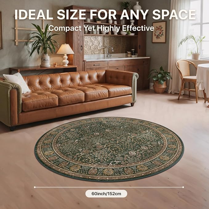 5ft Round Area Rug 5x5, Washable Non Slip, Dark Green Brown | Vintage Floral, Spill Resistant, Lightweight Low Pile Non-Shedding Carpet for Bedroom, Nursery and Dining Room