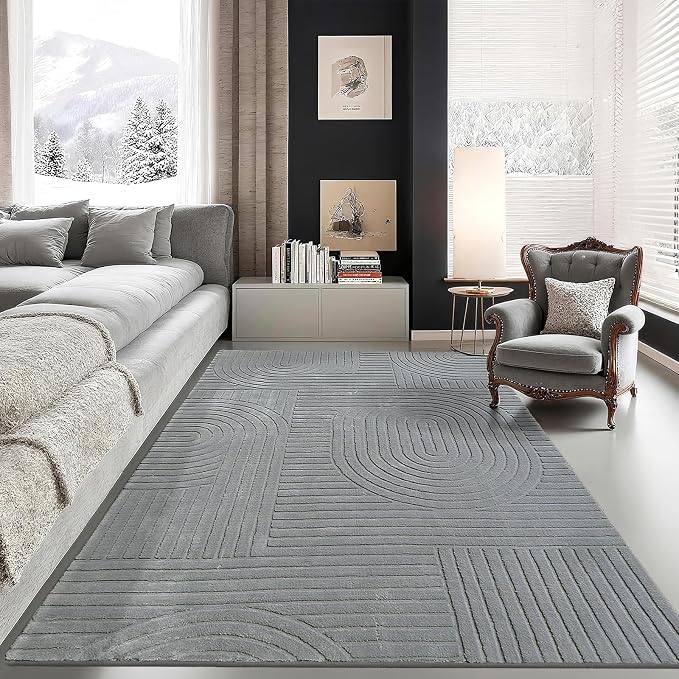 5x7 Solid Grey Area Rugs for Living Room, Washable Soft Bedroom Rug | Modern Geometric Boho High-Low Textured Fluffy Non-Slip Carpet for Bedside, Kids Room, Nursery, Entryway, Apartment, Office