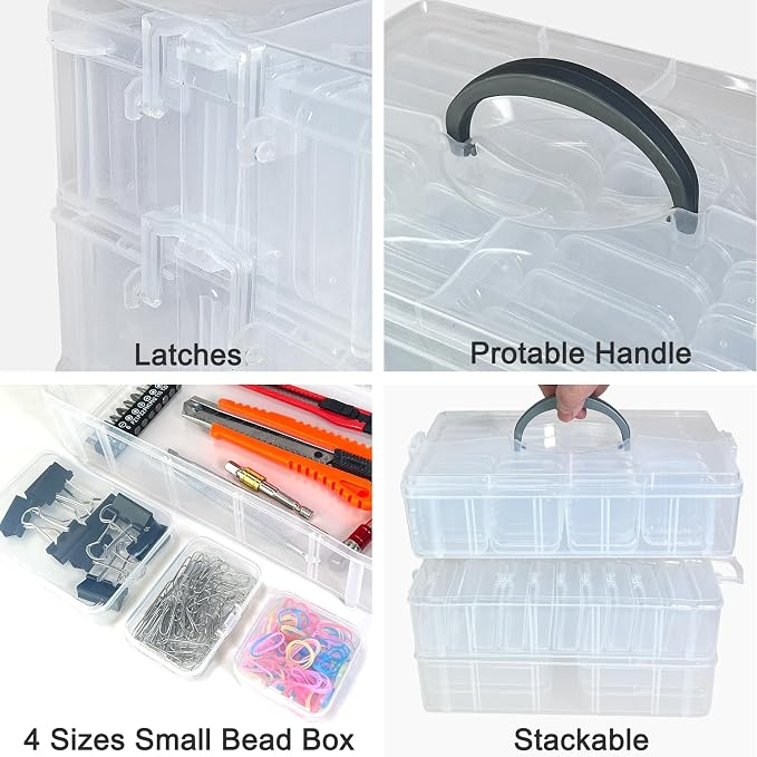 Guyuyii 58 PC Bead Storage Containers with Label Stickers & Portable Handle | for Craft Supplies, Jewelry Making, Diamond Painting | Stackable 3-Tier Case, Compatible with Seed Beads, Earrings, Sewing