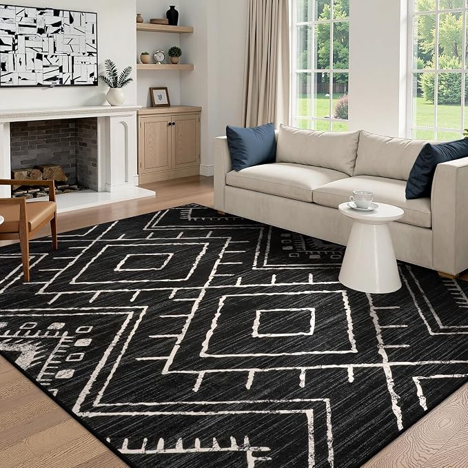 LIVEBOX Moroccan 8x10 Area Rug, Black Washable Rugs for Living Room Bedroom, Non Slip Western Tribal Rug Low Pile Geometric Large Area Rugs Diamond Carpet for Dining Room Home Office Decor Playroom