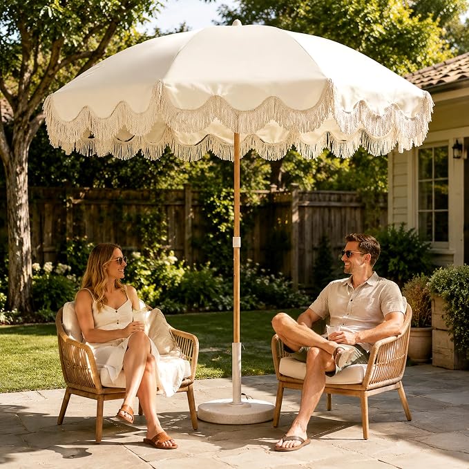 7.5FT Boho Patio Umberlla with Fringe,UPF50+ Outdoor Umbrella with Fiberglass Ribs and Push Button Tilt,Tassels Umbrella for Beach,Terrace,Picnic