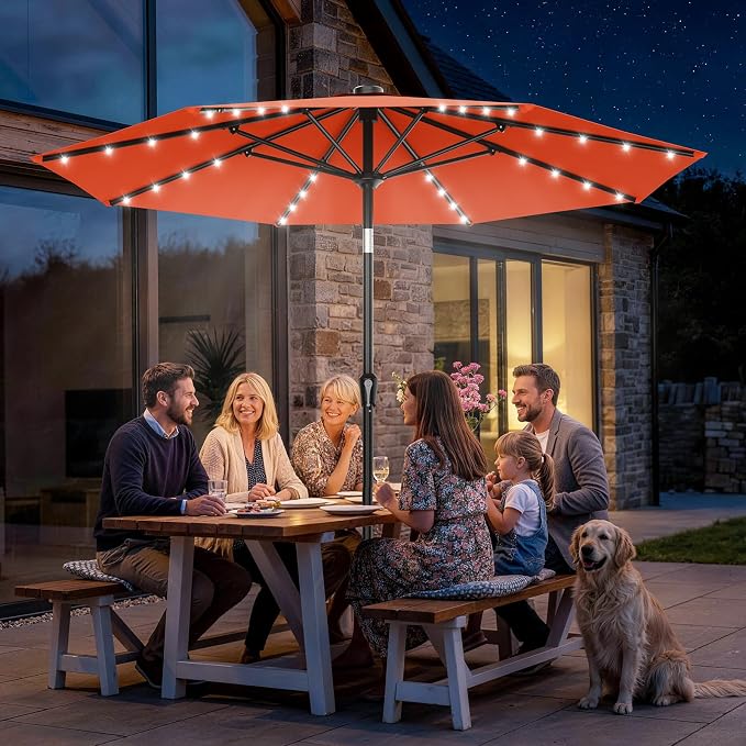 AreShark 9FT Patio Umbrella with Solar Lights, 32 Lighted Pool Umbrella w/Tilt and Crank, Outdoor Market Solar Umbrellas for Garden, Deck, Backyard, Pool and Beach, Orange
