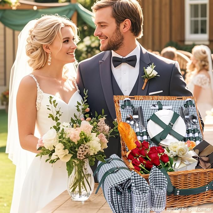 Picnic Basket Set for 4 with Waterproof Blanket Mat Insulation Bag Wicker Green Plaid Classic Cottagecore Gift for Christmas Thanksgiving Wedding Birthday Camp Outdoor Beach Travel
