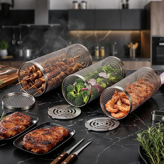 3 Pcs Rolling Grill Baskets for Outdoor Grill Accessories, BBQ Grilling Basket for Vegetables Shrimp Kebob, Outdoor Cooking Camping, Birthday Gifts for Men Dad Husband