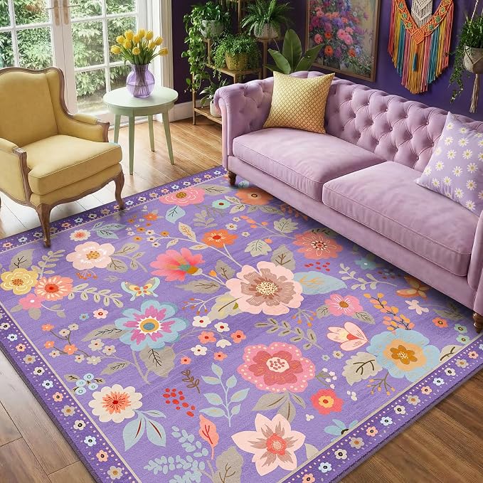 RELEANY Floral Washable Square 4ft Area Rug Purple/Pink | Flower Carpet, Print, Boho, Non-Slip, Easy to Clean, Soft, Low Pile for Living Room Bedroom Kitchen Office Entryway Hallway