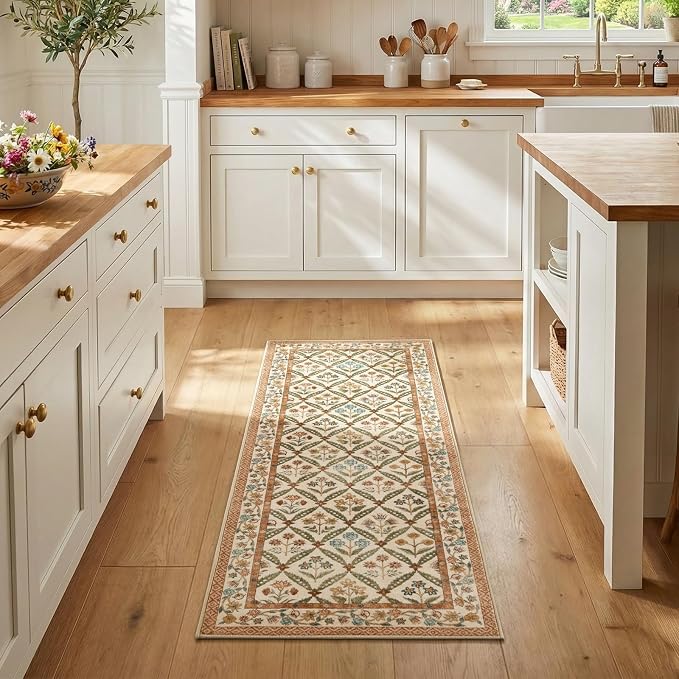 jinchan Runner Rug 2x5 Vintage Floral Washable Hallway Area Rug, Terracotta | Soft & Lightweight, Checkered Floral, Low Pile, Non Slip, Entryway, Kitchen, Bedside, Laundry Room, Cottage Decor