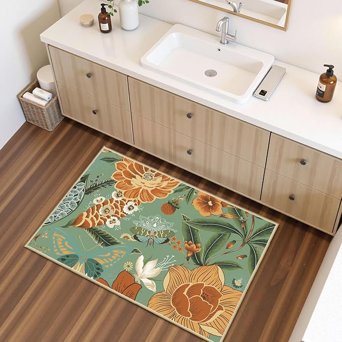 Tyrot Sage Green Boho Floral 2x3 Washable Kitchen & Entryway Rug Ultra-Thin Flat Woven Low Pile Botanical Butterfly Area Rug Non-Slip Indoor Door Mat for Bathroom Bedroom