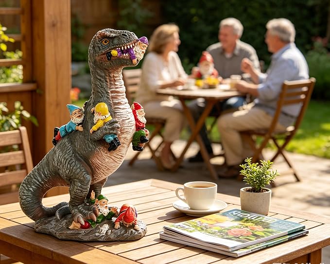12 Inch Dinosaur Eating Gnomes Garden Statue | Funny Dinosaur Statue with Colorful Gnome Figures for Fairy Gardens, Patios Yard Decor
