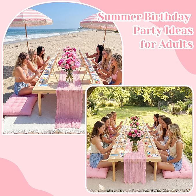 18 Pcs Picnic Paint Party Kit 118'' x 71'' Extra Large Outdoor Boho Blanket with Painting Kit Pink Floor Pillow Cushions and Cheesecloth Table Runner for Painting Party