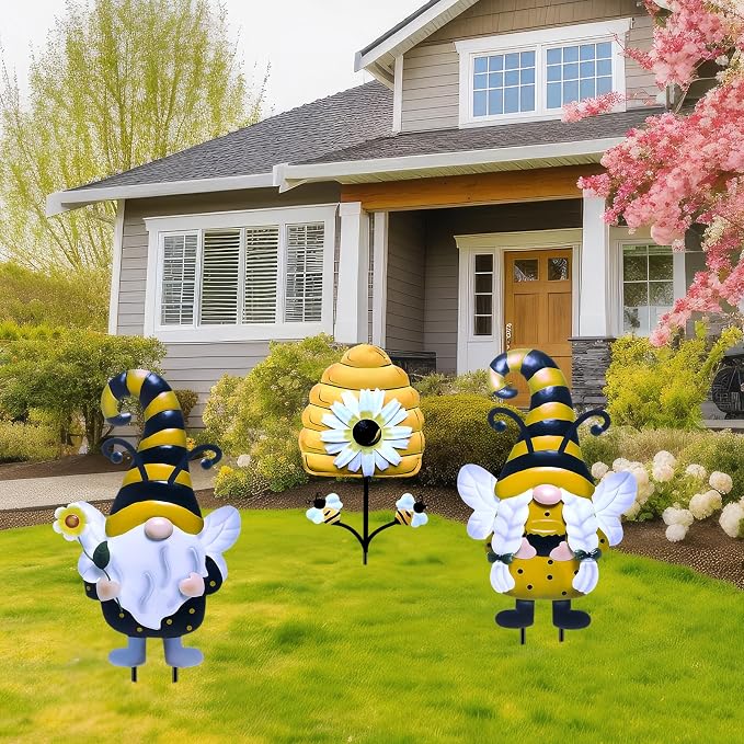 Cinnvoice 3 Pcs Bee Metal Gnomes Stakes 25.4'' Decorative Garden Stakes Spring Yard Gnome Decor with Honeycomb for Lawn Patio Yard Outside