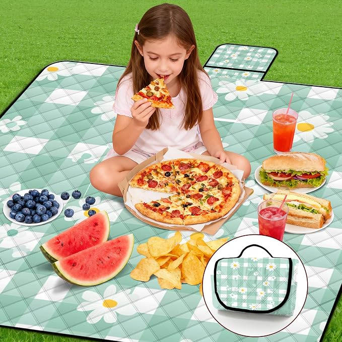 Extra Large Picnic Blanket Waterproof,80"x 80"Foldable Machine Washable Beach Blanket,Outdoor Blanket for 6-8 Adults,Suitable for Indoor Crawling,Park Beach,Camping,Hiking,Family Travel(Light green)