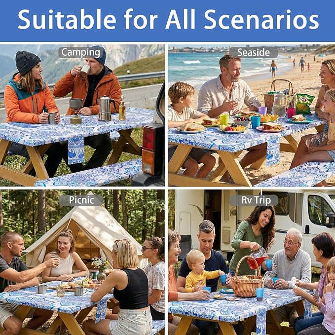 Fitted Waterproof Picnic Table Cover with Bench Covers Heavy Duty Elastic Outdoor Camping Tablecloth for 8 Foot Rectangle Tables Summer Rv Accessories Patio Garden Road Trip Essentials Gifts