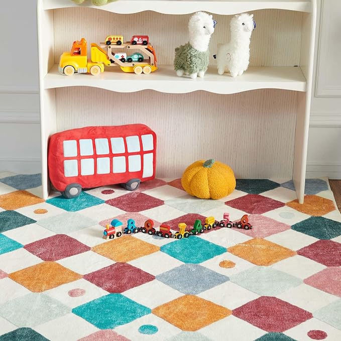 jinchan 5x7 Nursery Rug Washable Kids Rug Colorful Play Mat Decor Confetti | Soft, Non-Slip, Cute, Kid-Friendly, Modern Checkered Diamond Design, Classroom, Playroom, Bedroom, Dorm, Daycare, Living Room