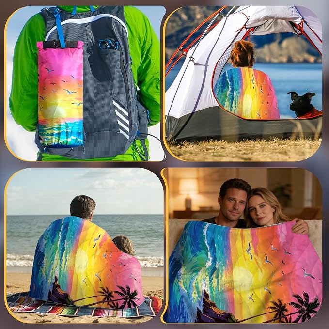 Outdoor Puffy Camping Blanket, Packable Outdoor Blanket Waterproof Down Alternative for Camping, Hiking, Backpacking, Traveling, Picnic, Beach, Lawn, Stadium (Sea, 55 * 79'')