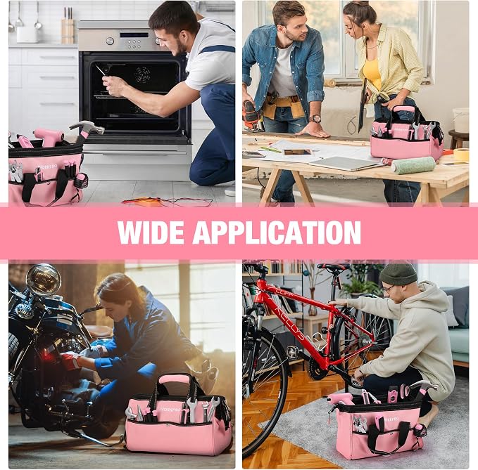 WORKPRO 13-Inch Tool Bag, Pink Soft Cloth Tool Storage Bags, Wide Mouth Tool Tote Bag with Inside Pockets - Pink Ribbon | Soft Cloth, Wide Mouth, Tool Tote Bag