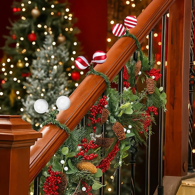 Dingion 30 Pcs 20 Inches Christmas Garland Ties with Balls Decorative Twist Ties for Banister Stairs Railing Reusable Flexible Twist for Home Xmas Holiday Decor Gift Craft Wrapping(Red White Stripe)