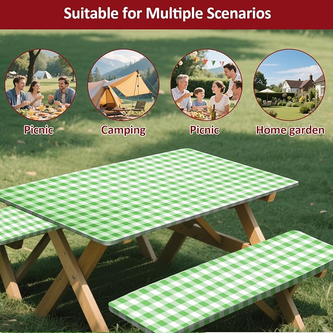 6ft Picnic Table and Bench Cover, Camping Essentials RV Gear, 72in Waterproof Windproof Outdoor Elastic All Around Tablecloth, Fitted Rectangle Tables and Seats, Green-White Checkered