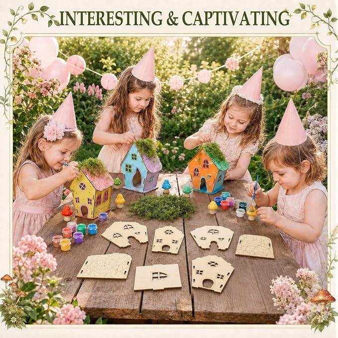 DoubleFill 12 Sets Wooden Fairy House Craft Kit for Kids - Classroom DIY Fairy Garden with Paints & Decorations - School Arts Crafts & Birthday Gift for Activity Party Decor (3 Mixed Lovely Styles)