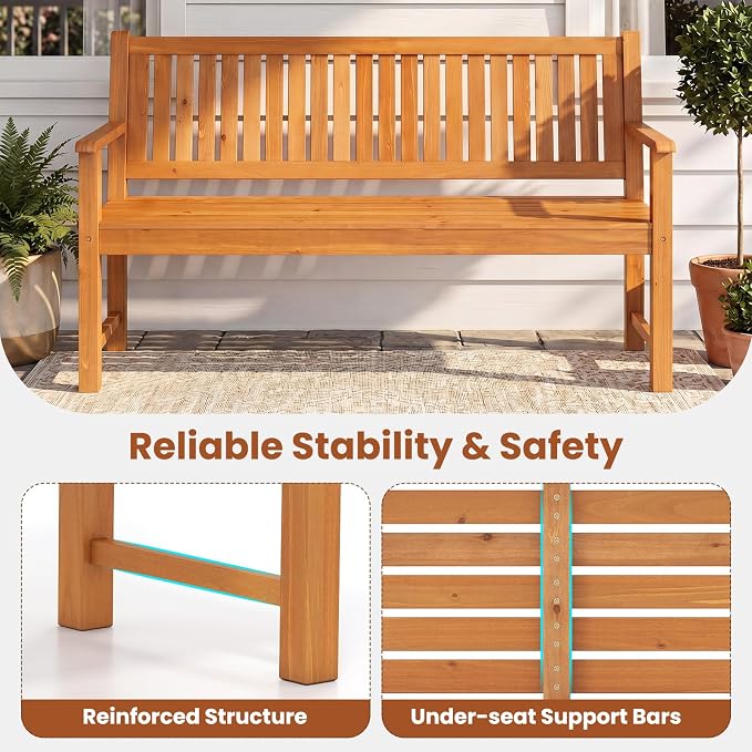 Tangkula 3-Seater Outdoor Wooden Bench, 59” Large Garden Bench with Backrest, Armrests, Slatted Seat, Loads up to 990 LBS, Fir Wood Bench Seating for Porch, Backyard, Deck, Poolside (59",Natural)
