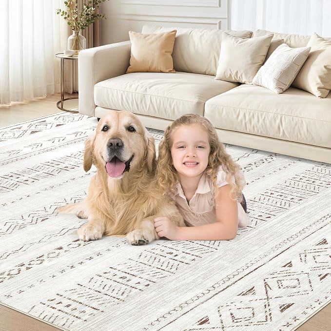 cotiled 10x13 Area Rugs Washable Boho Living Room Rug Brown/Cream | Solve Modern Neutral Trendy Home Decor - Stain Resistan Carpet for Bedroom Farmhouse Brown Cream