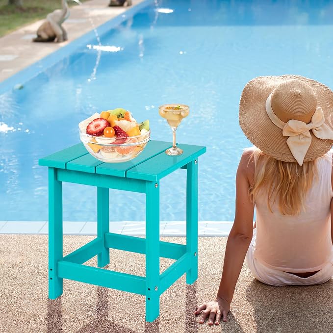 LZRS Patio Side Table, Heavy Duty HDPE Outdoor End Table with Wood Texture, Weatherproof Composite Table for Adirondack Chairs, Deck, Pool, Indoor/Outdoor, No Peeling or Cracking(Turquoise)
