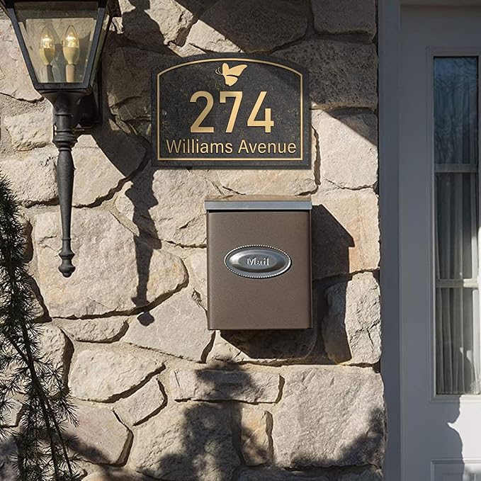Handcrafted Address Plaque for Yard Outside House Sign, House Number Garden Wall Sign, 911 Visibility Signage, Any Font, 10 x 7 inches (Gold)